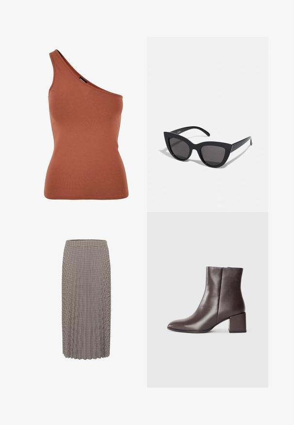 Asymmetrisches braunes Tanktop aus dehnbarem Stoff, mit einem einzelnen Schulterträger und einer taillierten Silhouette.; Faltender Midirock im schwarz-weißen Vichy-Karo-Muster. Verfügt über einen Taillenbund und ein strukturiertes Material mit geradem Schnitt.; Braune Leder-Ankle-Boots mit einem eleganten Design, spitzer Zehenform und quadratischem Blockabsatz. Glatte Textur und minimalistisches Profil.; Schwarze Cat-Eye-Sonnenbrille mit matter Oberfläche, grauen getönten Gläsern, scharfen Kanten und schlanken Bügeln. Der Markenname ist auf dem inneren Bügel sichtbar.