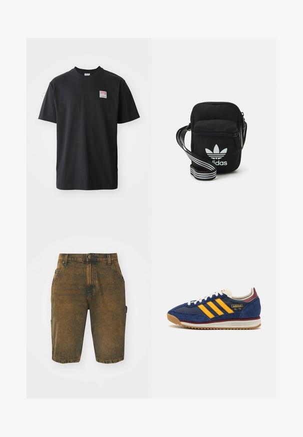 Melna kokvilnas T-krekls ar apaļu kaklu, īsām piedurknēm un nelielu krāsainu etiķeti kreisajā krūtīs, kurā ir vārds "SUPERIOR".; Džinsi šorti iz nodilu brūnas krāsas ar nedaudz nolietotu tekstūru. Iekļauj jostu cilpas, priekšējās kabatas un sānu cargo kabatu.; Jūras spēku zilo zamšveida čību ar dzeltenām svītrām, baltām auklām un bordo akcentiem. Reljefs zole ar rievojumu, lai nodrošinātu saķeri. Zīmola logo sānu daļā.; Melna auduma crossbody soma ar rāvējslēdzēja aizdari, kurai ir balts Adidas logo un svītrainas regulējamas siksnas ērtiem pārvietošanās veidiem.