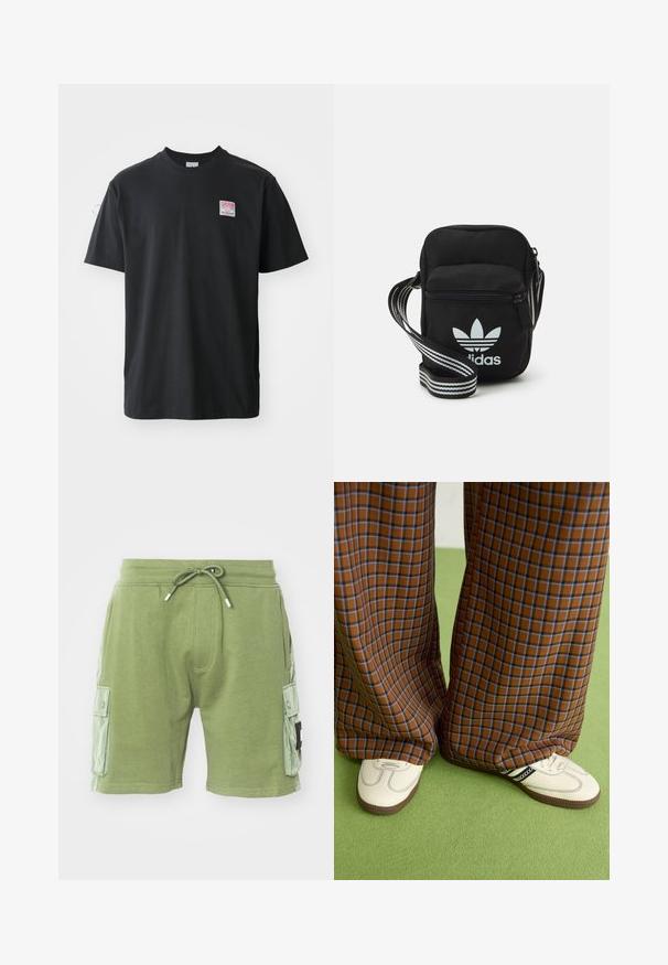 Černé bavlněné tričko s kulatým výstřihem, krátkými rukávy a malou barevnou nálepkou na levé straně hrudi, která nese slovo "SUPERIOR."; Zelené bavlněné šortky s elastickým pasem a šňůrkou. Obsahují dvě boční kapsy na cargo a texturované panely na bocích.; Hnědo-modré kostkované široké kalhoty doplněné bílými botami s černými akcenty a texturovanou podrážkou, umístěné na zeleném pozadí.; Černá crossbody taška z látky se zipovým uzávěrem, obsahující bílé logo Adidas a pruhovaný nastavitelný popruh pro snadné nošení.