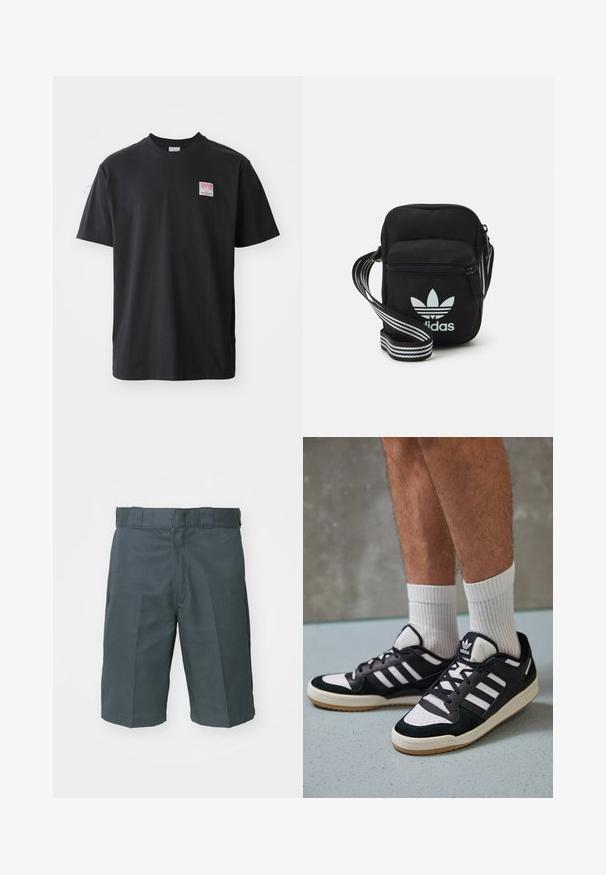 Schwarzes Baumwoll-T-Shirt mit Rundhalsausschnitt, kurzen Ärmeln und einem kleinen farbigen Etikett auf der linken Brust, das das Wort "SUPERIOR" zeigt.; Dunkelgraue Shorts aus einem robusten Stoff. Mit einem klassischen geraden Schnitt, flachem Bund und standardmäßigen Gürtelschlaufen. Keine sichtbaren Taschen.; Schwarz-weiße Sneaker mit einem Obermaterial aus Wildleder und Leder, ausgestattet mit drei weißen Streifen, einer perforierten Zehenpartie und einer Sohle aus Gummi.; Schwarze Umhängetasche aus Stoff mit Reißverschluss, ausgestattet mit einem weißen Adidas-Logo und einem gestreiften, verstellbaren Tragegurt für einfachen Transport.
