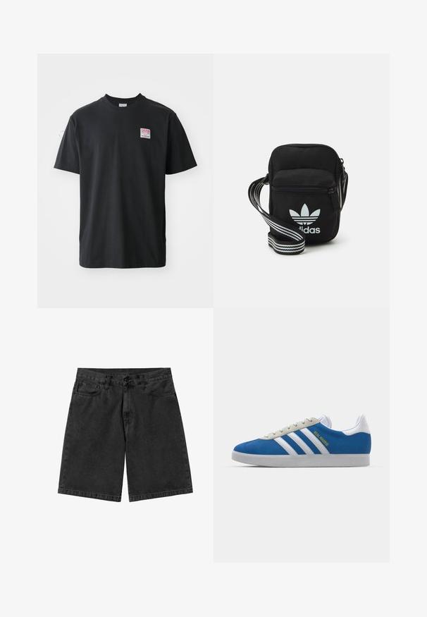 Tricou negru din bumbac, cu gât rotund, mâneci scurte și o etichetă colorată mică pe pieptul stâng, cuvântul "SUPERIOR".; Pantaloni scurți negri din denim cu croială dreaptă, cinci buzunare și închidere cu buton. Textură netedă cu o decolorare minimă și detalii de cusătură.; adidas Originals ADIDAS GAZELLE SHOES - Ghete de fotbal de sală - real madrid/bluebird/footwear white/crew yellow; Geantă de umăr din material textil negru, cu închidere cu fermoar, având un logo Adidas alb și o curea ajustabilă cu dungi pentru o transportare ușoară.
