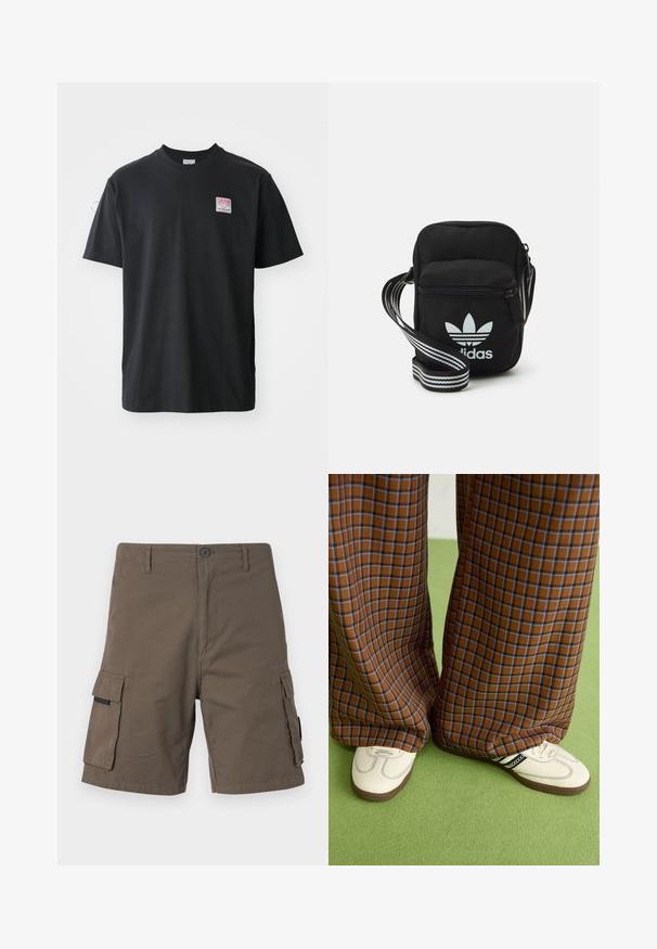 Fekete pamut póló kerek nyakkal, rövid ujjakkal és egy kis színes címkével a bal mellrészen, amelyen a "SUPERIOR" szó szerepel.; Olíva zöld cargo rövidnadrág, pamutból készült, két oldalsó zsebbel, gombos záródással és egyenes lábformával.; Barna és kék kockás, bőrt lábú nadrág, fehér cipővel, fekete részletekkel és texturált talppal, zöld háttér előtt.; Fekete anyagú, keresztpántos táska cipzáras záródással, fehér Adidas logóval és csíkos állítható pánttal a könnyű hordozás érdekében.