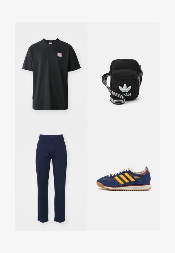 Must musternärviga T-särk ümarate krae, lühikeste varrukatega ning vasakul rinnal väike värviline etikett sõnaga "SUPERIOR."; Alpha Industries PANT - Chino-püksid - ultra navy; Tumed sametist tenniset kollaste triipudega, valgete paeltega ja burgeoone aktsentidega. Tekstureeritud tallal on sooned haardeks. Brändi logo küljel.; Mustmust värvi risti koti, millel on tõmblukuga sulgemine, valge Adidas'i logo ja triibuline reguleeritav rihm mugavaks kandmiseks.