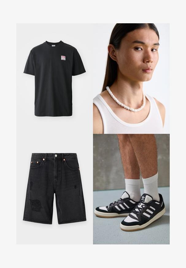 Black cotton t-shirt with a crew neck, short sleeves, and a small colored label on the left chest featuring the word "SUPERIOR."; Black denim shorts with distressed details, five-pocket design, and copper-tone hardware. The fabric has a smooth texture.; Black and white sneakers with a suede and leather upper, featuring three white stripes, a perforated toe, and a gum rubber sole.; White shell necklace composed of irregular shapes, worn over a fitted white tank top. Smooth texture with subtle sheen, close-fitting design.