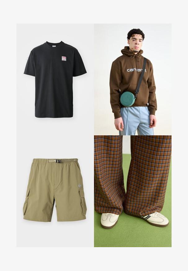 Schwarzes Baumwoll-T-Shirt mit Rundhalsausschnitt, kurzen Ärmeln und einem kleinen farbigen Etikett auf der linken Brust, das das Wort "SUPERIOR" zeigt.; Khakifarbene Cargo-Shorts mit elastischem Bund, seitlichen Taschen und einem vorderen Schnallenverschluss. Hergestellt aus leichtem, strukturiertem Stoff.; Braun und blaue Karohosen mit weitem Bein, kombiniert mit weißen Schuhen mit schwarzen Akzenten und strukturierten Sohlen, vor einem grünen Hintergrund.; Brauner Kapuzensweatshirt mit weißem Logo, kombiniert mit hellblauen Hosen. Eine runde grüne Tasche hängt an einem schwarzen Gurt quer über den Körper.
