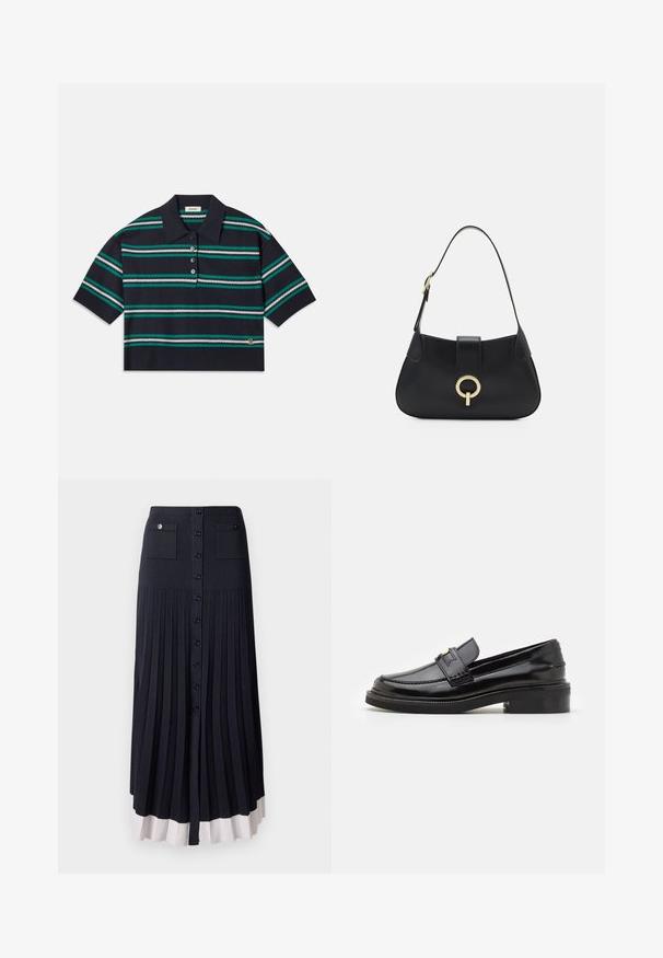 Tengerészkék csíkos póló rövid ujjal, amely teal, fehér és szürke csíkokkal rendelkezik. Három gombos kivágás és logó részlet az alján.; Sötét tengerészkék, plissé maxi szoknya gombos záródással. Két elülső zsebbel rendelkezik, és világos szegéllyel van ellátva. Puha, texturált anyagból készült.; Fekete lakk bőr mokaszin sima felülettel, elöl varrott részlettel és alacsony tömbtalppal a kényelem érdekében. Arany dísz a pánton.; Fekete bőr kézitáska ívelt sziluettel, rövid pánttal, középen aranyszínű hardware-rel és sima textúrával. Nincsenek látható minták vagy kiegészítők.