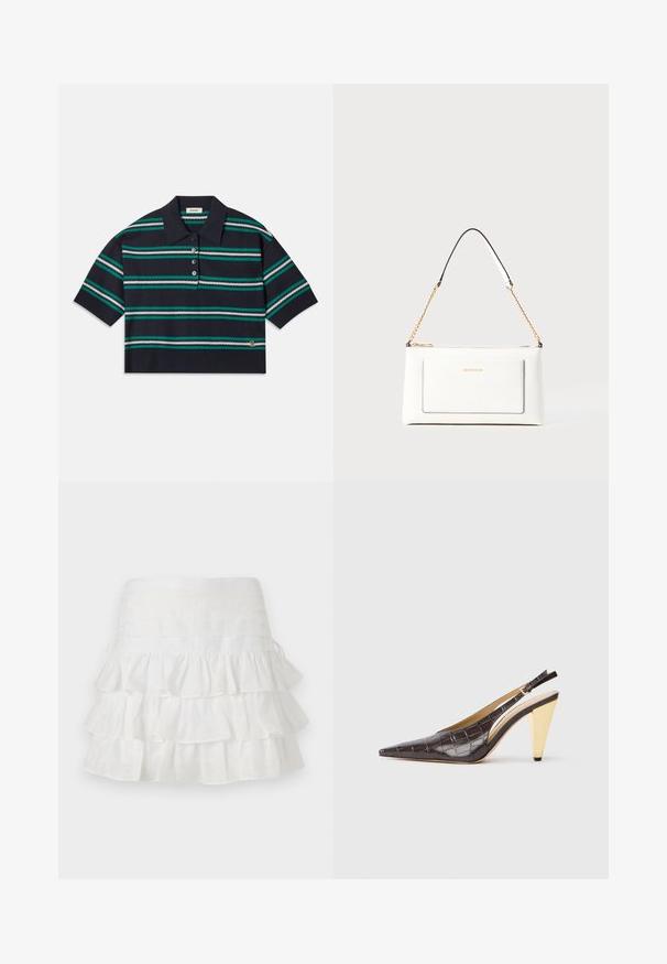 Polo shirt rayé bleu marine à manches courtes, avec des rayures turquoise, blanches et grises. Patte de boutonnage à trois boutons et détail de logo sur l'ourlet.; sandro JUPE - Minijupe - blanc; Talons slingback à bout pointu en simili cuir crocodile marron foncé brillant. Présente un talon géométrique doré et une sangle ajustable à la cheville.; Sac à main en cuir blanc avec un fini texturé, doté d'une bandoulière en chaîne dorée et d'accents noirs. Comprend une poche avant et une fermeture éclair.