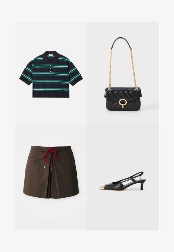 Polo majica s kratkimi rokavi v mornarsko modri barvi s črtami v teal, beli in sivi barvi. Ima tri gumbke na zapenjanju in logotip na robu.; Rjav krilo iz blaga z nabranim dizajnom, rdečim in črnim vrvico za prilagajanje v pasu ter dvema sprednjima žepoma. Enostaven in funkcionalen slog.; Črne usnjene sandače s koničastim nosom in zlatim kovinskim špirom. Imajo izrezljan dizajn in vitko peto z nastavljivim trakom.; Črna prešita usnjena torbica z zlatim verižnim naramkom, ki ima zaokrožen zlati sponko in zapiranje na preklop. Kompaktna pravokotna oblika.