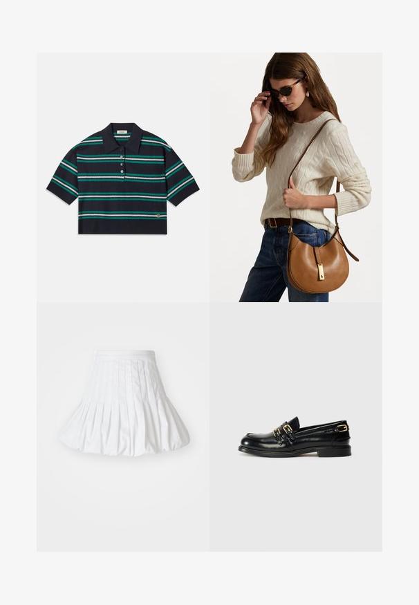 Polo majica s kratkim rukavima u mornarskoj prugastoj izvedbi, sa prugama u boji tirkizne, bijele i sive. Tri dugmeta na preklopu i logo detalj na rubu.; Bijela plisirana mini suknja s glatkom teksturom, elastičnim pojasom i lepršavim dizajnom, s vertikalnim šavovima za dodatnu strukturu.; Crne kožne mokasine s sjajnom završnom obradom, s dva zlatna kopčanja i niskim potplatom. Glatka tekstura s dizajnom zaobljenog vrha.; Smeđa kožna torba za rame s ovalnim oblikom i zlatnim detaljima. Model nosi krem pleteni pulover i plave traperice.