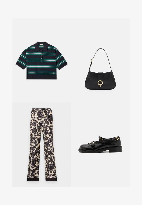 Marine gestreepte polo met korte mouwen, met teal, wit en grijze strepen. Drie knoopsluitingen en logo-opdruk aan de onderrand.; Bloemenpatroon wijde broek in crème met zwarte tinten. Heeft een zijdeachtige textuur en contrasterende donkere afwerking aan de zoom.; Zwarte leren schoenen met brogue-details, voorzien van twee gespsluitingen, een ronde neus en een lage hak. Glad oppervlak met een glanzende afwerking.; Zwarte leren handtas met een gebogen silhoutte, korte schouderband, centrale goudkleurige hardware en een gladde textuur. Geen zichtbare patronen of accenten.