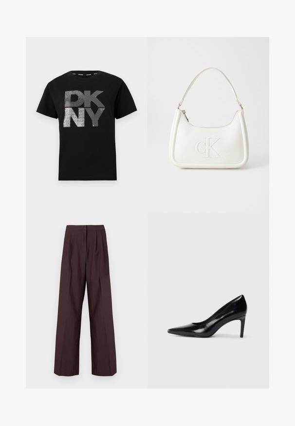 Zwarte katoenen t-shirt met grote zilveren glitters met de tekst "DK NY" op de voorkant. Klassieke ronde hals en korte mouwen. Soepele textuur.; Wijde broekspijpen in een donkere bordeauxrode stof. Kenmerkt zich door een platte tailleband en voorste plooien. Glad textuur met een op maat gemaakte uitstraling.; Zwarte leren hoge hak met een spitse neus, een gladde textuur en een tapse hak. Minimalistisch ontwerp, geen extra versieringen.; Witte lederen handtas met een gebogen vorm, voorzien van een reliëf "CK" logo aan de voorkant en een enkele schouderriem. Ritsluiting aan de bovenkant.