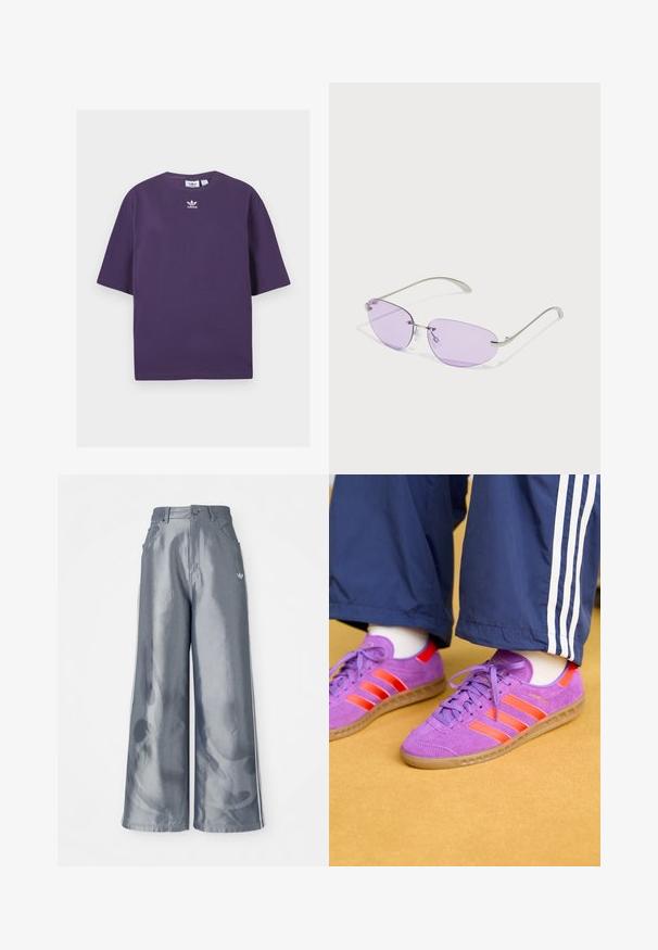 T-shirt de algodão roxo com mangas curtas, decote redondo e logótipo da Adidas bordado em branco no peito. Design simples, sem padrões.; Calças de pernas largas em material cinza brilhante, com riscas brancas nas laterais e um padrão de chamas na parte inferior das pernas. Fecho com botão e fecho éclair na cintura.; Ténis de camurça roxos com riscas e pormenores laranja, apresentando uma sola texturizada e atacadores planos. Usados com calças de treino azuis.; Óculos de sol com lentes ovais roxas, armação de metal e hastes finas. Almofadas de nariz transparentes e marcação discreta na haste.
