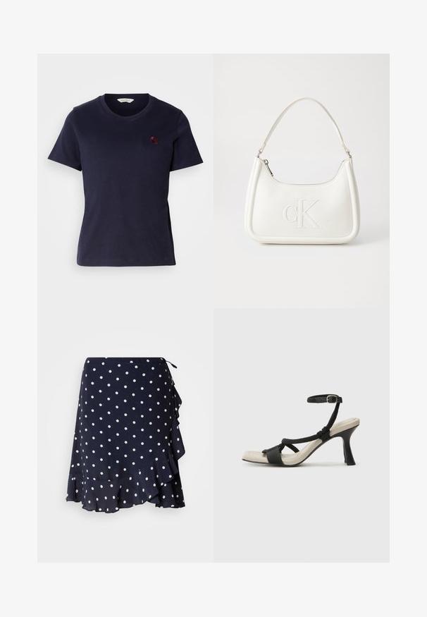 T-shirt de algodão azul-marinho com design de decote em V, mangas curtas e um pequeno logo bordado em bordô no peito. Textura macia.; GANT DOT PRINT FRILL SKIRT - Saia envelope - evening blue; Sandal com salto alto preto e design de tiras trançadas, bico quadrado e tira de tornozelo ajustável. Sola em tom bege claro com um salto preto brilhante.; Mala de mão branca em pele com uma forma curva, apresentando um logo "CK" em relevo na frente e uma alça de ombro única. Fecho com zíper na parte superior.