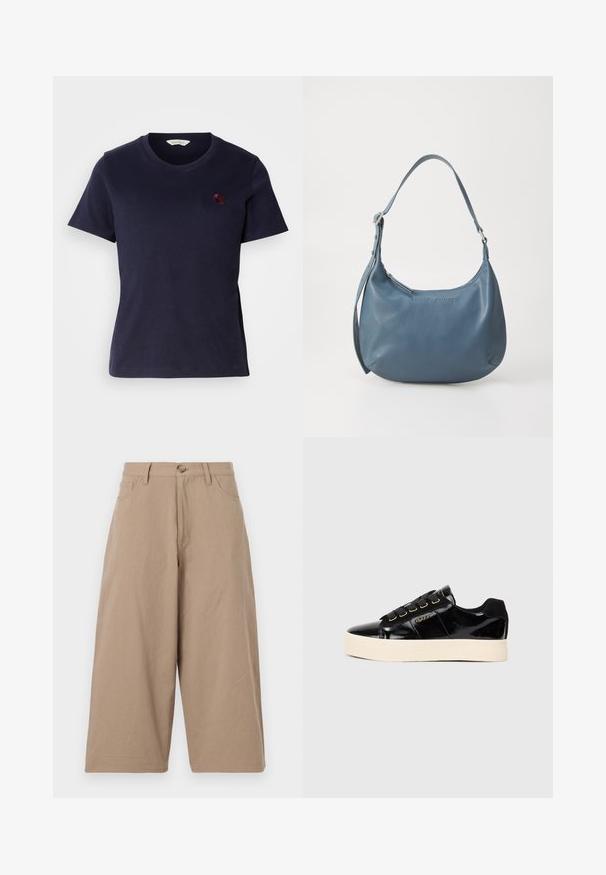 Temno modra bombažna majica s fazonskim izrezom, kratkimi rokavi in majhnim burgundskim izvezenim logotipom na prsih. Mehka tekstura.; Bež široke hlače iz bombaža, z visokim pasom, sprednjimi žepek in enim gumbom za zapiranje. Gladka tekstura in ravna kroja.; Črne lakaste usnjene superge s ravnim kremastim podplatom. Imajo črne vezalke, zlate očke in detajl z logotipom na strani. Zaobljena konica.; Modra usnjena torbica z zaobljeno obliko, enim naramnim ročajem, zadrgo in vtisnjenim imenom blagovne znamke na sprednji strani. Gladka tekstura.