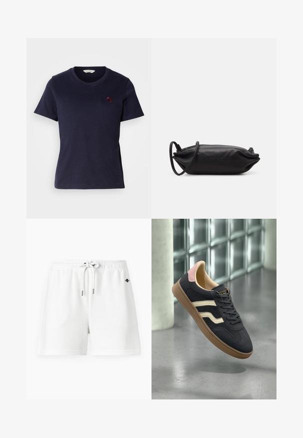 Zilnavs kokvilnas T-krekls ar V veida kakla izgriezumu, īsām piedurknēm un mazu bordo izšūtu logotipu krūtīs. Mīksta tekstūra.; Bielas sviedru bikses ar elastīgu jostasvietu un auklu. Mīksts kokvilnas materiāls, ar minimālu šuvumu un mazu logotipu.; Jūras spēku zili ādas sporta apavi ar krēmkrāsas svītrām, rozā akcentiem uz papēža un teksturētu brūnu gumijas zolīti. Klasisks zemas virsotnes dizains.; Melnas ādas plecu soma ar taisnstūra formu, gludu tekstūru, plānu plecu siksnu un minimālistisku dizainu.