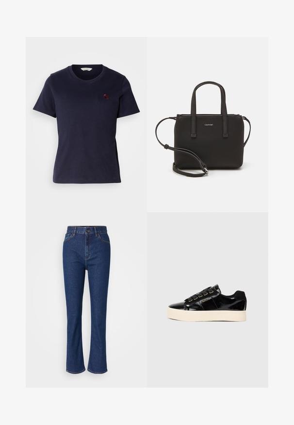 Tumed sinine puuvillane T-särk, millel on V-kaeluse disain, lühikesed varrukad ja rinnal väike burgundi värvi tikandiga logo. Pehme tekstuur.; Kõrgtehniliste siniste denim pükste flared jalgadega, nähtava õmblusega, eesnupp ja viis taskut funktsionaalsuse tagamiseks.; Mustad must nahkkingast tossud, millel on lame kreemivärvi tald. Omab musti paelu, kuldseid silmade augusid ja logo detaili külgedel. Ümar varba disain.; Musthave mustrans vöö ja eemaldatav õlarihm. Gludike nahk siledaga, millel on tõmblukk ja logo detail.