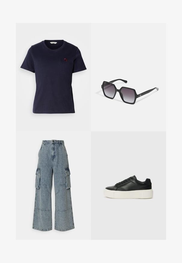 Náměstí modré bavlněné tričko s výstřihem do V, krátkými rukávy a malým bordó vyšitým logem na hrudi. Měkká textura.; Světle modré džíny s širokými nohavicemi a cargo kapsami, které mají přední a boční kapsy, texturovaný povrch a viditelné švy.; Černé kožené tenisky s kulatou špičkou, bílou platformou a černými tkaničkami. Obsahují nenápadné logo na patě a hladký povrch.; Černé hexagonální sluneční brýle se stupňovitou čočkou, s lesklým povrchem a jemným logem na spánku. Odolná plastová konstrukce.