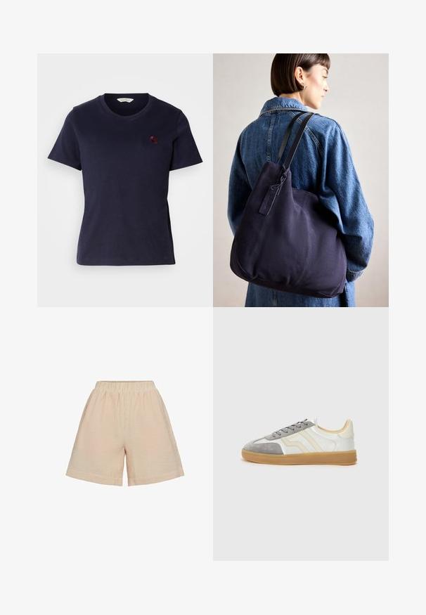 Temno modra bombažna majica s fazonskim izrezom, kratkimi rokavi in majhnim burgundskim izvezenim logotipom na prsih. Mehka tekstura.; Moves PYNNA - Kratke hlače - tangerine; Tenisice z belo usnjeno zgornjo delom, sivo semiš kapico in gumijastim podplatom. Imajo sivo vezalko in subtilno blagovno znamko na strani.; Modra platnena torba za ramo s meko, strukturirano obliko, opremljena s črnim trakom, šivanjem in majhno oznako blagovne znamke.