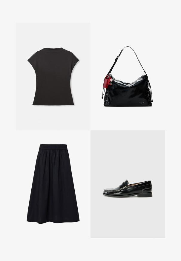 Juodas trumpas rankovėmis viršus su aukštu kaklu ir laisvu siluetu. Pagamintas iš minkštos medžiagos su lygiu paviršiumi. Nėra matomų raštų ar grafikų.; Juodas, iki kelių siekiantis sijonas iš lengvos medžiagos. Didesnėms patogumui turi elastingą juostą ir paprastą, lygų tekstūrą. Nėra matomų raštų ar puošmenų.; Juodi odiniai loaferiai su siuvinėtu dizainu, lygiu paviršiumi, žemu blokiniu kulnu ir sidabro akcentais. Klasikinė apvalios nosies forma.; Juodas odinis rankinukas su laisvu dizainu, su raišteliu detalėmis šonuose ir raudonu akcentu. Yra ilga reguliuojama dirželė.