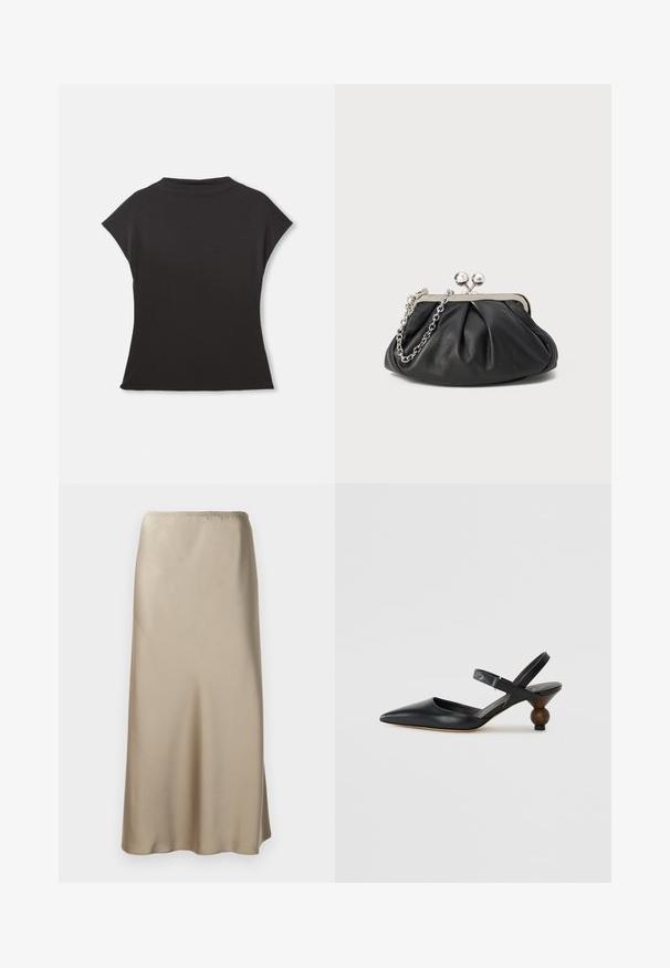 Čierny krátky rukáv top s vysokým výstrihom a voľným strihom. Vyrobený z mäkkej tkaniny s hladkou textúrou. Žiadne viditeľné vzory ani grafiky.; Saténová midi sukňa vo svetlej béžovej farbe s elastickým pásom, hladkou textúrou a voľným A-čkovým strihom. Bez viditeľných vzorov alebo kovania.; Čierna kožená slingback obuv s špicatou špičkou, zakriveným dizajnom a okrúhlou drevokatou pätou. Obsahuje úzky popruh okolo členka.; Čierna kožená kabelka s vrúbkovou textúrou, strieborným kovovým rámom, uzáverom na pobozkanie a retiazkou na nosenie. Hladký, jemný povrch.