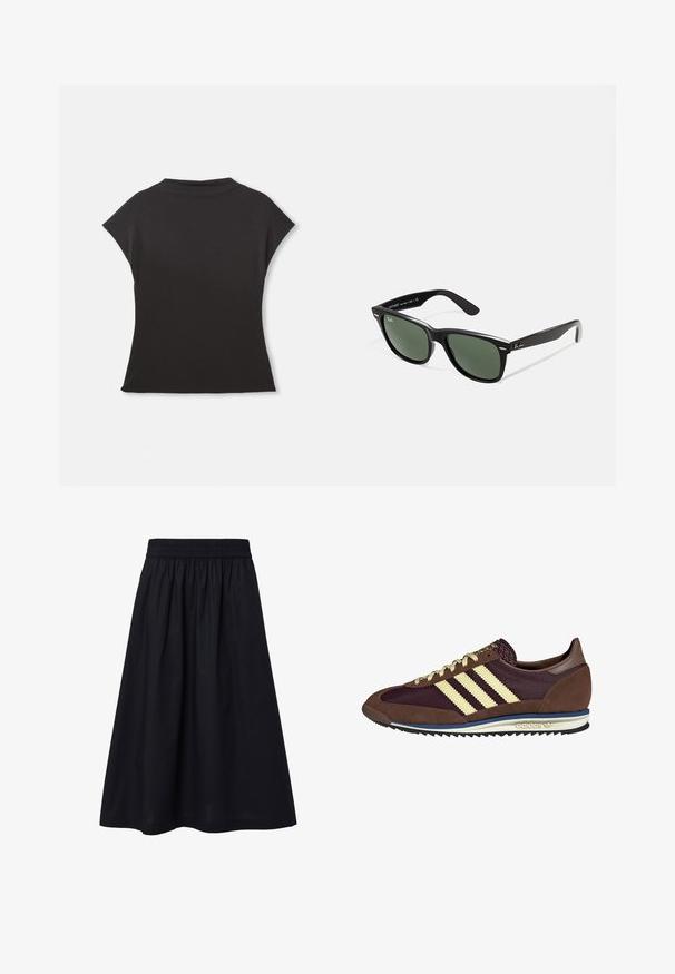 Černý krátký rukáv top s vysokým výstřihem a volným střihem. Vyrobeno z měkké látky s hladkým povrchem. Bez viditelných vzorů nebo grafik.; Černá sukně ke kolenům vyrobená z lehkého materiálu. Má elastický pas a jednoduchou, hladkou strukturu. Žádné viditelné vzory nebo ozdoby.; Hnědé a burgundské tenisky z semiše a síťoviny, s třemi krémovými pruhy, texturovaným materiálem na jazyku a gumovou podrážkou.; Černé plastové sluneční brýle se zelenými skly, čtvercové obroučky, stříbrný detail na obočí a texturované stranice. Značka uvedená na vnitřní straně stranic.