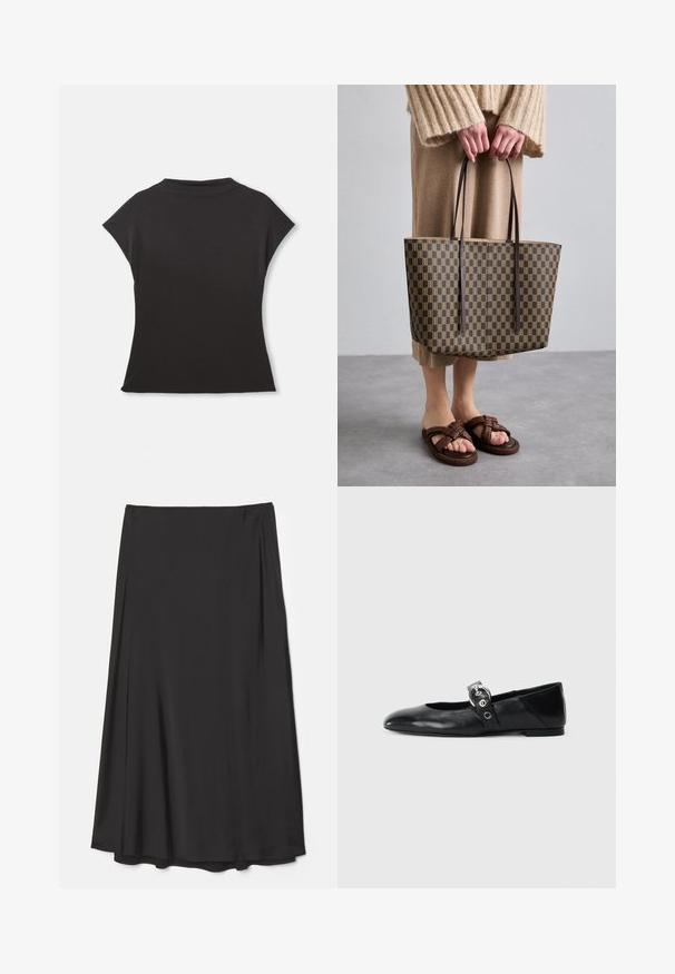 Must proov kõrvitsanööpidega lühikeste varrukatega topp kõrge kaelusega ja mugava lõikega. Valmistatud pehmest kangast, millel on sile tekstuur. Ilma nähtavate mustrite või graafikateta.; Mustast, põlvekohale ulatuv seelik, mis on valmistatud siledast kangast; omab voolavat disaini pehme keerdusega ja ilma nähtavate kinnitusteta.; Mustadest nahast balleti kingad terava varbaga, millel on rihm ümmarguse metallist pandlaga ja lame tald.; Pruun mustriga kott mustade käepidemetega, valmistatud vastupidavast materjalist. Seljas beež kudum ja rihmadega pruunid sandaalid.