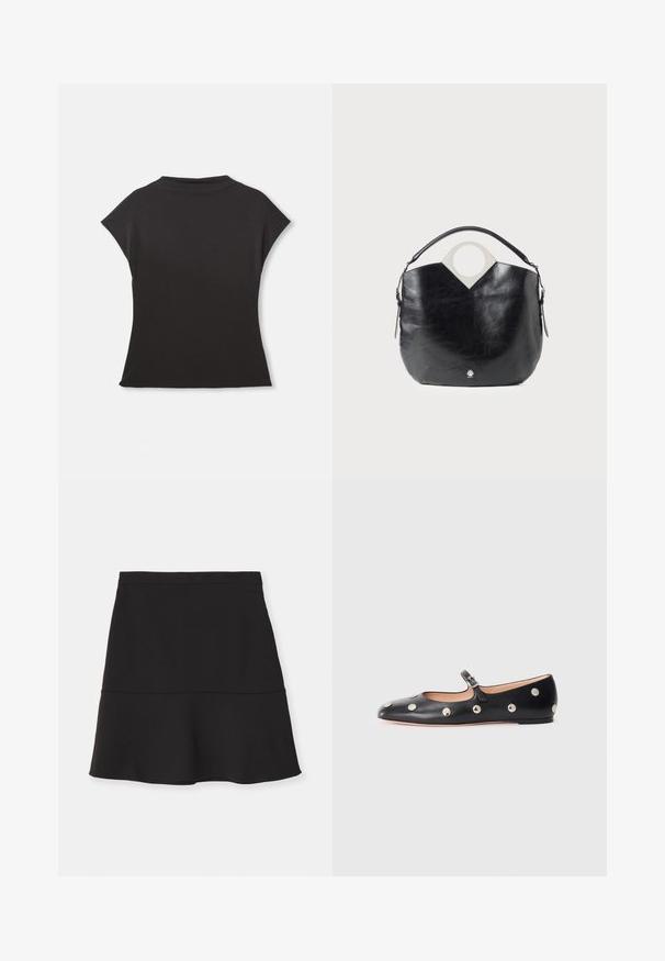 Top scurt negru cu maneci scurte, guler înalt și croială lejera. Fabricat dintr-un material moale, cu o textură netedă. Fără modele sau grafice vizibile.; Fustă neagră evazată dintr-un material neted și elastic. Prezintă un brâu lat și o siluetă A-line care pune în valoare, având un design curat și minimalist.; Pantofii Mary Jane din piele neagră, cu vârful rotund, decorati cu nasturi circulari argintii și o curea ajustabilă cu cataramă.; Geantă din piele neagră cu o formă curbată, mânere superioare circulare și detalii cu logo argintiu. Textură netedă și un design notabil cu decupaje.