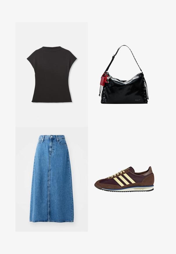 Schwarzes kurzärmliges Oberteil mit hohem Kragen und lässigem Schnitt. Aus weichem Stoff mit glatter Textur gefertigt. Keine sichtbaren Muster oder Grafiken.; Maxi-Rock aus blauer Jeans mit einem knopfverschluss vorne, zwei Taschen und einem geraden Schnitt mit rohem Saum. Klassisch und vielseitig.; Braune und burgunderfarbene Sneaker aus Wildleder und Mesh-Materialien, mit drei cremefarbenen Streifen, strukturiertem Stoff an der Zunge und einer Gummisohle.; Schwarze Lederhandtasche mit einem lässigen Design, Schnürdetails an den Seiten und einem roten Akzent-Tag. Verfügt über einen langen, verstellbaren Trageriemen.