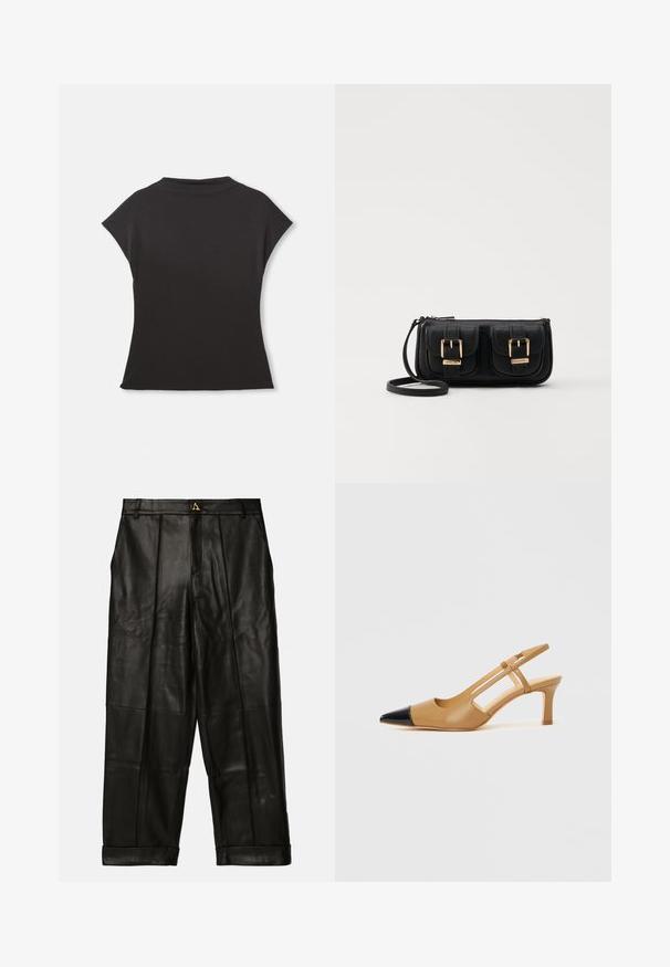 Čierny krátky rukáv top s vysokým výstrihom a voľným strihom. Vyrobený z mäkkej tkaniny s hladkou textúrou. Žiadne viditeľné vzory ani grafiky.; AERON ZIMA PANTS - Kožené nohavice - black; Béžové lodičky so slingback remienkom, špičkou v čiernej farbe s výrezmi na bokoch a stredne vysokým robustným podpätkom. Vyrobené z hladkej kože.; Čierna kožená crossbody taška s dvoma prednými vreckami, zlatými sponami, zipsovým uzatváraním a úzkym popruhom. Štruktúrovaný povrch a kompaktný obdĺžnikový tvar.