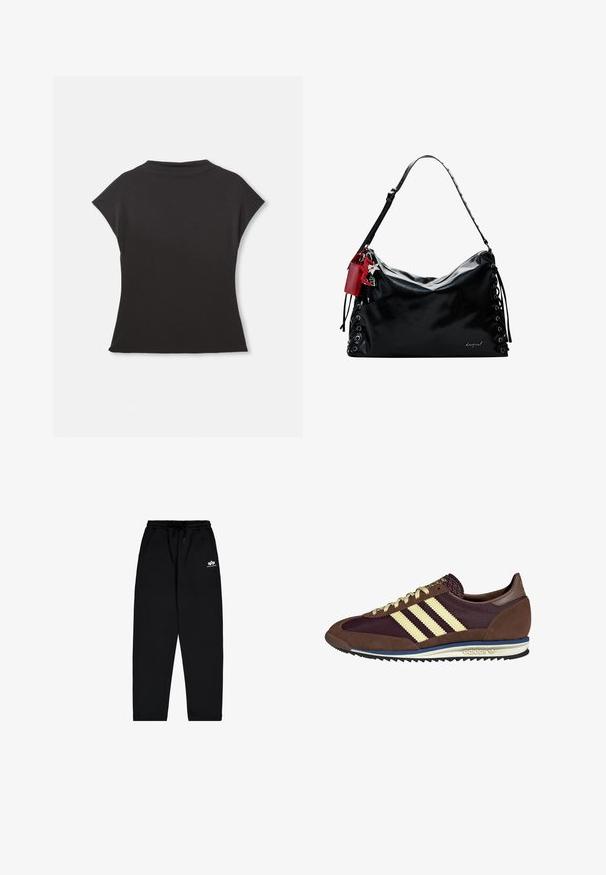 Juodas trumpas rankovėmis viršus su aukštu kaklu ir laisvu siluetu. Pagamintas iš minkštos medžiagos su lygiu paviršiumi. Nėra matomų raštų ar grafikų.; Juodos sportinės kelnės, pagamintos iš minkštos medžiagos, su elastingu juosmeniu, raišteliu ir šoninėmis kišenėmis. Ant šlaunies yra mažas baltas logotipas.; Rudi ir burgundiški sportbačiai, pagaminti iš suedės ir tinklinės medžiagos, su trimis grietinėlės spalvos juostelėmis, tekstūruota medžiaga ant liežuvėlio ir guminis padas.; Juodas odinis rankinukas su laisvu dizainu, su raišteliu detalėmis šonuose ir raudonu akcentu. Yra ilga reguliuojama dirželė.