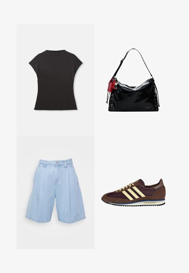 Musta lyhythihainen paita, jossa on korkea kaulus ja rento istuvuus. Valmistettu pehmeästä kankaasta, jolla on sileä pinta. Ei näkyviä kuvioita tai grafiikoita.; Valkoinen farkkuhame, jossa on korkea vyötärö, pleatattu etuosa ja leveät lahkeet. Siinä on tavalliset vyölenkit ja painonappi.; Ruskea ja burgundin värinen lenkkari, jossa on yksityiskohtina mokkaa ja verkkomateriaalia, kolmea kermaista raitaa, tekstuuripinta kielekkeessä ja kumipohja.; Mustakäsineinen käsilaukku, jossa on löysä muotoilu, nauhoitusyksityiskohtia sivuilla ja punainen korostustagi. Varustettu pitkällä säädettävällä hihnalla.; Kultaiset rengaskorvakorut, ohuet ja pyöreät, joissa on sileä metallipinta ilman koristeluja tai kuvioita.