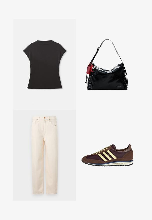 Crna majica kratkih rukava s visokim dekolteom i opuštenim krojem. Izrađena od mekog materijala s glatkom teksturom. Bez vidljivih uzoraka ili grafika.; Bež traperice visokog struka od pamuka. Imaju pet džepova, kopčanje na gumbe i patentni zatvarač, ravne nogavice i suptilne detalje šivanja.; Smeđi i burgundski teniski s uzorcima od antilopa i mrežastih materijala, s tri kremaste pruge, teksturiranim materijalom na jeziku i gumeni potplat.; Crna kožna torba s opuštenim dizajnom, vezanjem s bočnih strana i crvenim akcentom. Ima dugačak podesivi remen.