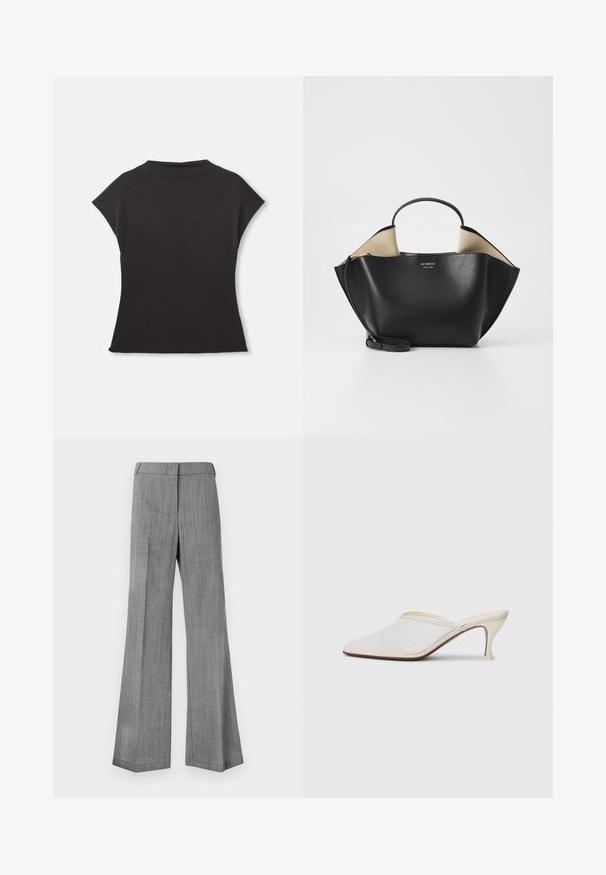 Black short-sleeve top with a high neckline and relaxed fit. Made from soft fabric with a smooth texture. No visible patterns or graphics.; Gray, wide-legged trousers made from textured fabric, featuring a smooth waistband and a subtle pinstripe pattern.; White mesh pointed-toe mule with a slim mid-height heel and slip-on design against a plain background.; Ree Projects ANN TOTE MINI - Handbag - black