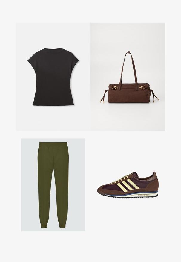 Zwart top met korte mouwen, hoge halslijn en een relaxte pasvorm. Gemaakt van zachte stof met een gladde textuur. Geen zichtbare patronen of graphics.; Olijfgroene joggingsbroek gemaakt van zacht materiaal, met een elastische tailleband, taps toelopende boorden en zijzakken voor functionaliteit.; Bruine en bordeauxkleurige sneaker van suede en mesh materiaal, met drie crèmekleurige strepen, een gemêleerd stof op de tong en een rubberen zool.; Bruine suède schoudertas met twee schouderbanden, gouden hardwareaccenten en verstelbare zijstrikjes. Heerlijk in gebruik dankzij de ritsafsluiting en de gladde textuur.