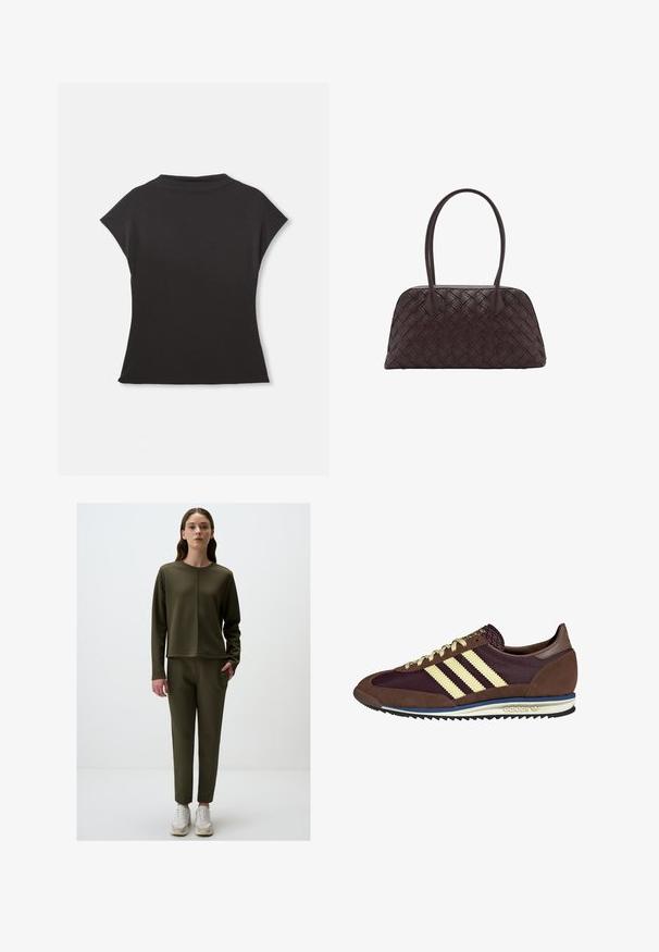 Zwart top met korte mouwen, hoge halslijn en een relaxte pasvorm. Gemaakt van zachte stof met een gladde textuur. Geen zichtbare patronen of graphics.; Olijfgroene, langemouwen pullover met een voorknaad, gecombineerd met bijpassende slanke broek. Beide gemaakt van glad, rekbaar materiaal; sneakers inbegrepen.; Bruine en bordeauxkleurige sneaker van suede en mesh materiaal, met drie crèmekleurige strepen, een gemêleerd stof op de tong en een rubberen zool.; Gevlochten bruine leren handtas met ronde vorm, dubbele bovenhandvaten en een gladde textuur; kenmerken subtiele stitching voor ontwerpdetaillering.