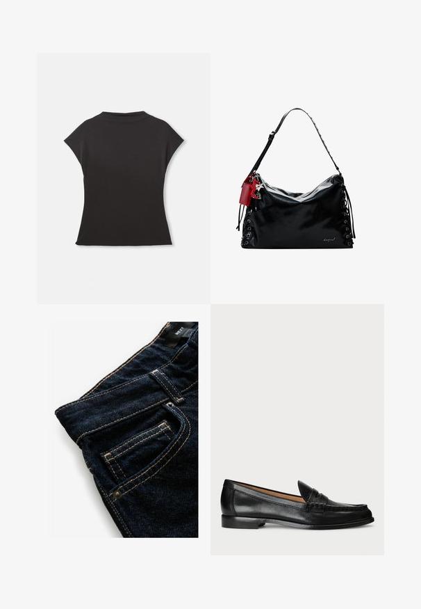 Sort kortærmet top med høj halsudskæring og afslappet pasform. Fremstillet af blødt stof med en glat tekstur. Ingen synlige mønstre eller grafik.; Mørkeblue denim jeans med kontrasterende orange syninger, der har en forlomme, nitterdetaljer og en glat tekstur.; Lauren Ralph Lauren WYNNIE - Loafers - black; Sort læder håndtaske med et slaskede design, snøre detaljer på siderne og et rødt accentmærke. Har en lang justerbar rem.