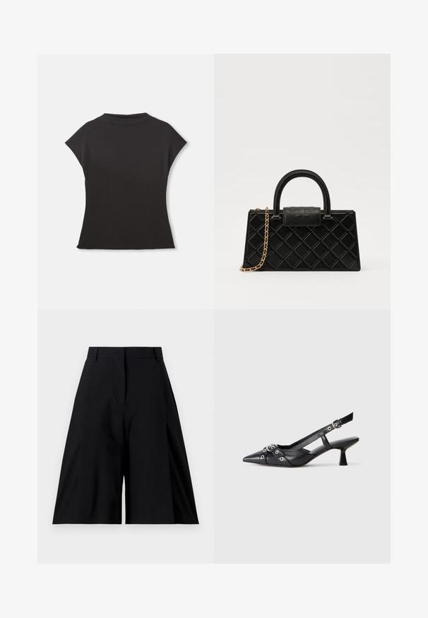 Μαύρη κοντομάνικη μπλούζα με ψηλό λαιμό και χαλαρή εφαρμογή. Κατασκευασμένη από μαλακό ύφασμα με απλή υφή. Χωρίς ορατά σχέδια ή γραφικά.; Tiger of Sweden SEDE - Σορτς - black; Μαύρο δερμάτινο παπούτσι slingback με μυτερή μύτη, διακοσμητικές λωρίδες με μεταλλικά μάτια και χαμηλό μπλοκ τακούνι. Υφή επιφάνειας.; Μαύρη τσάντα χειρός από υφή δέρματος, με διαμαντένιο σχέδιο, χρυσή αλυσίδα και λαβή στην κορυφή με κλείσιμο καπάκι με λογότυπο.