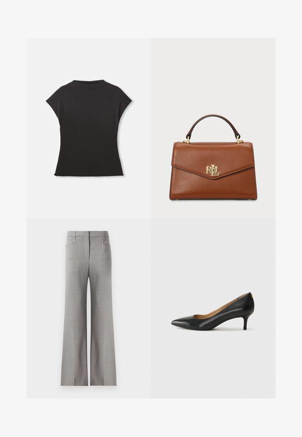 Μαύρη κοντομάνικη μπλούζα με ψηλό λαιμό και χαλαρή εφαρμογή. Κατασκευασμένη από μαλακό ύφασμα με απλή υφή. Χωρίς ορατά σχέδια ή γραφικά.; Ανοιχτό γκρι παντελόνι σε φαρδιά γραμμή με ρίγα, με ραμμένο ζωνάκι και δύο πλάγιες τσέπες. Απαλή υφή υφάσματος.; Μαύρο δερμάτινο τακούνι με μυτερή μύτη, χαμηλό τακούνι και λεία υφή. Διαθέτει ελαφρύ άνοιγμα στο μπροστινό μέρος και ελάχιστο υλικό στο πίσω μέρος.; Καφέ δερμάτινη τσάντα χειρός με δομημένο σχέδιο, χερούλι στην κορυφή, χρυσά αξεσουάρ και λογότυπο στο μπροστινό μέρος. Λείος υφασμάτινος χαρακτήρας.