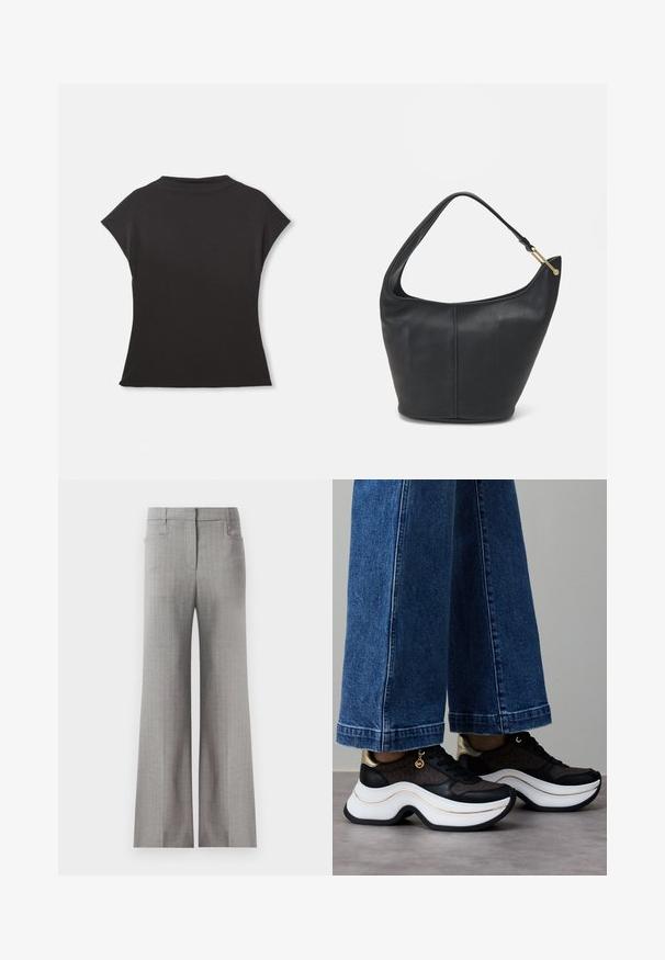 Top preto de manga curta com um decote alto e um ajuste descontraído. Feito em tecido suave com uma textura lisa. Sem padrões ou gráficos visíveis.; Calças largas cinza claro com um padrão risca de giz, apresentando um cós ajustado e dois bolsos laterais. Textura de tecido suave.; Ténis pretos e dourados com sola branca curva. Tecido texturizado com detalhes do logótipo. Combinados com calças largas de ganga azul.; Bolsa de mão em pele preta com uma forma arredondada, uma alça larga e um acabamento texturizado. Apresenta um discreto detalhe de costura e um acabamento em metal dourado.