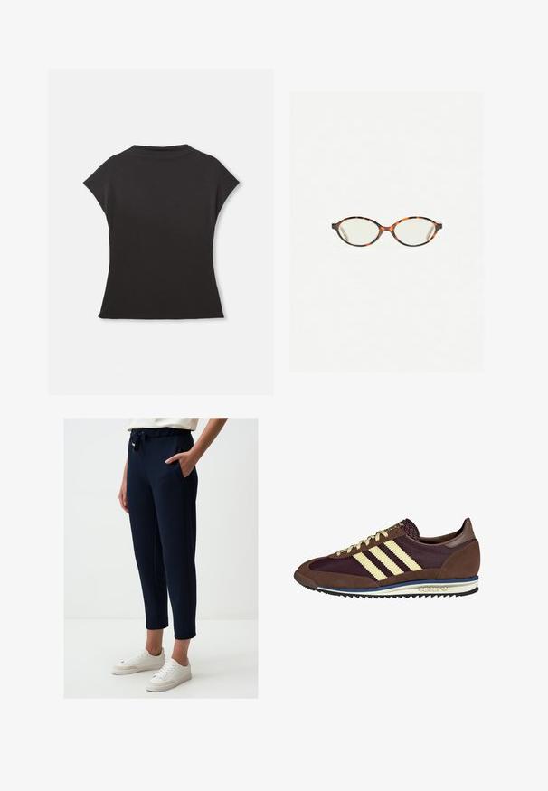 Zwart top met korte mouwen, hoge halslijn en een relaxte pasvorm. Gemaakt van zachte stof met een gladde textuur. Geen zichtbare patronen of graphics.; Jimmy Key Trainingsbroek - dark blue; Bruine en bordeauxkleurige sneaker van suede en mesh materiaal, met drie crèmekleurige strepen, een gemêleerd stof op de tong en een rubberen zool.; Kattenoogbril met ovale lenzen en een strakke, gladde afwerking. Heeft dunne zijkanten met een subtiele kromming bij de slapen. Transparante lenzen.