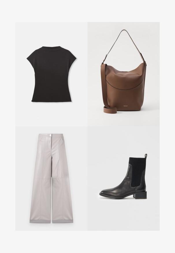 Black short-sleeve top with a high neckline and relaxed fit. Made from soft fabric with a smooth texture. No visible patterns or graphics.; Wide-leg trousers in light gray faux leather, featuring a front button closure, two side pockets, and seam detailing for added texture.; Black leather ankle boot with ribbed black elastic panel, square toe, and low block heel. Smooth texture with minimal stitching details.; NEOUS PAVO MEDIUM - Tote bag - dark taupe