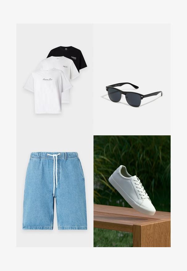 Tre T-skjorter i en pakke: en svart, to hvite. Korte ermer, rund hals, med tekstgrafikk på brystet i kontrastfarger. Laget av bomull.; Lyse blå denimshorts med elastisk midje, hvit snor og en avslappet passform. Har en jevn tekstur og hemmede kanter.; Hvite snørestøbber som svever over en trebenk med grønt løvverk i bakgrunnen, som fremhever skoens design og tekstur.; Sorte solbriller med rektangulær form, mørke linser, sølvfargede detaljer ved templene, og en matt finish på rammen.