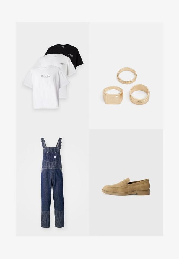 Kolm T-särki pakis: üks must, kaks valget. Lühikesed varrukad, ümmargune kaelus, rinnal kontrastsete värvidega teksti graafika. Puuvillane materjal.; Sinine teksariidest kombinesoon ribaõlgadega, millel on eesmine tasku ja kontrastne ribi muster ääres. Kaasaegsed reguleeritavad rihmad.; Kahvatusuede loaferid ümmarguse varbaga, madala plokknõelaga ja tikandiga pealispinnal. Sujuv tekstuur ja minimalistik disain.; Kolm kuldringi: ruudukujuline ring, millel on väike kivi, tekstuuriga rõngas, millel on sooned, ja sile poleeritud rõngas, millel on kaks soontega kraavi.