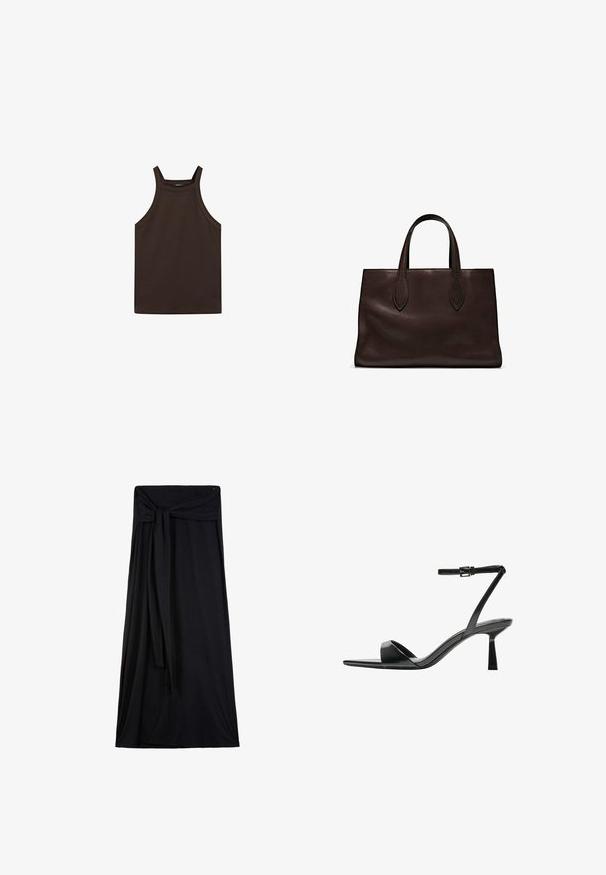 Massimo Dutti HALTER NECK - Top - dark brown; Zwarte maxi rok gemaakt van zachte, rekbare stof. Heeft een gestrikt taille-detail, een vloeiende silhoutte en een enkellange uitvoering.; Bershka Sandalen met hoge hak - black; Bruine leren tote bag met twee verlengde handvatten, gestructureerde rechthoekige vorm, gladde textuur en subtiele stiksels.