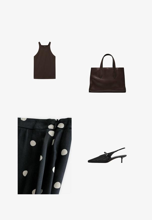 Massimo Dutti HALTER NECK - Top - dark brown; Black fabric with large cream polka dots; smooth texture, draped design, and zip closure at the top.; Black slingback heels with pointed toes, textured mesh upper, slim adjustable strap with silver buckle, and 5 cm stiletto heels.; Brown leather tote bag with two elongated handles, structured rectangular shape, smooth texture, and subtle stitching details.