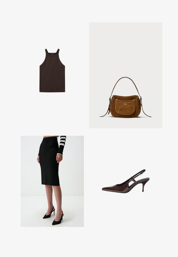Massimo Dutti HALTER NECK - Débardeur - dark brown; Jupe crayon noire en tissu lisse, de longueur mi-mollet et à la silhouette ajustée. Portée avec des talons aiguilles noirs.; Escarpin en cuir verni marron avec un bout pointu, des découpes ouvertes et un talon fin. Comprend une sangle à boucle réglable.; Sac à épaule en daim marron avec une forme courbée, des coutures contrastantes, des accents en métal doré et une poche frontale zippée.
