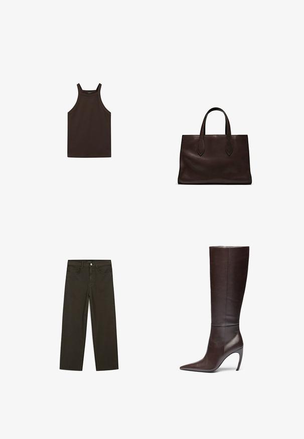 Massimo Dutti HALTER NECK - Débardeur - dark brown; Jeans large en denim vert foncé en mélange de coton, avec une fermeture à bouton à l'avant, cinq poches et des coutures classiques en denim.; Botte en cuir marron arrivant au genou, avec un bout pointu et un talon aiguille, présentant une texture lisse et un design minimaliste.; Sac tote en cuir marron avec deux poignées allongées, forme rectangulaire structurée, texture lisse et détails de couture subtils.
