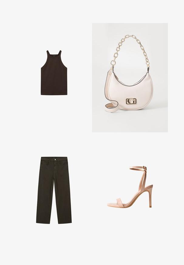 Massimo Dutti - Top; Ciemnozielone spodnie dżinsowe typu wide-leg wykonane z mieszanki bawełny, z zamkiem na guzik z przodu, pięcioma kieszeniami i klasycznym przeszyciem dżinsowym.; Różowe sandały na wysokim obcasie o smukłym designie, z odkrytą palcą, cienkim paskiem na kostkę i gładkim, lakierowanym wykończeniu. Wyróżniają się smukłym obcasem w kształcie szpilki.; Różowa torebka skórzana o teksturowanej powierzchni, z złotym łańcuszkiem, w zaokrąglonym kształcie oraz złotym akcentem logo z przodu. Posiada dodatkowy pasek na ramię.