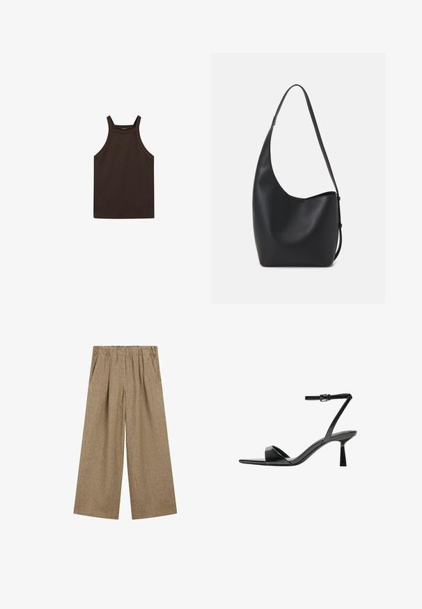 Massimo Dutti HALTER NECK - Top - dark brown; Weite Hosen in hellbraunem Stoff mit strukturiertem Finish, ausgestattet mit einem elastischen Bund und seitlichen Taschen.; Bershka High Heel Sandalette - black; Schwarze Leder-Hobo-Tasche mit einer glatten Textur, geschwungener Form und einem einzelnen verstellbaren Tragegurt; verfügt über eine weite Öffnung am oberen Ende.