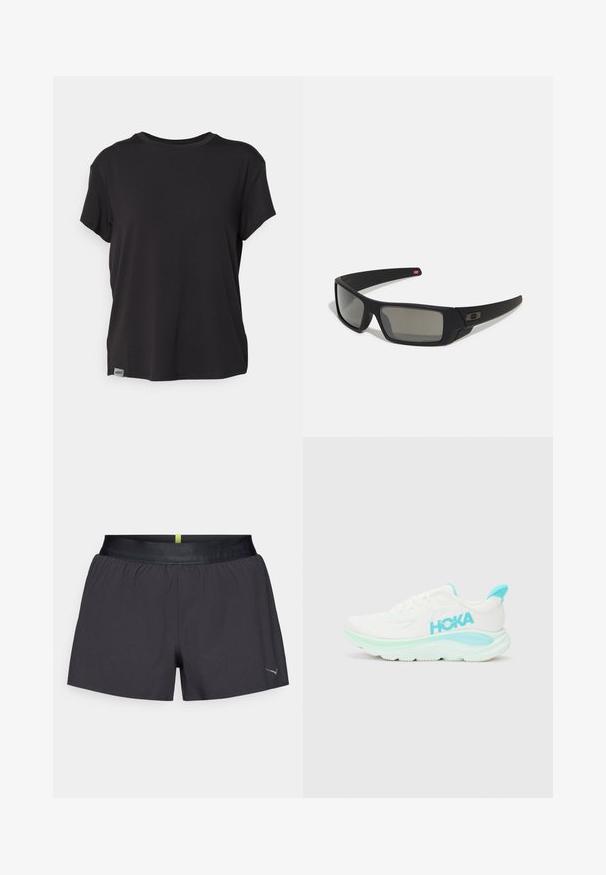 Czarna koszulka z krótkim rękawem wykonana z miękkiego materiału, z okrągłym dekoltem i małą metką z logo na dolnym lewym brzegu.; Czarne spodenki sportowe z elastycznym pasem i subtelny zielony akcent z tyłu. Wykonane z lekkiego materiału, z logo na dolnym brzegu.; Biała sportowa śnieg z jasnoniebieskimi akcentami; siateczkowa cholewka, wyściółka wokół kostki, gruba podeszwa środkowa i fakturowana podeszwa zewnętrzna zapewniająca przyczepność. Logo HOKA widoczne.; Czarne okulary przeciwsłoneczne z matowym wykończeniem, prostokątne soczewki, lekko wygięte zauszniki, subtelny detal z logo oraz szkła w odcieniu dymnym.